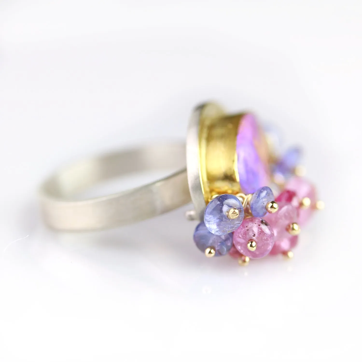 SOLD! Solid Australian Wood Opal Ring with Pink Sapphire, Tanzanite, Spessartite Garnet Fringe. Size 4 3/4