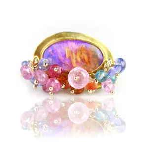 SOLD! Solid Australian Wood Opal Ring with Pink Sapphire, Tanzanite, Spessartite Garnet Fringe. Size 4 3/4