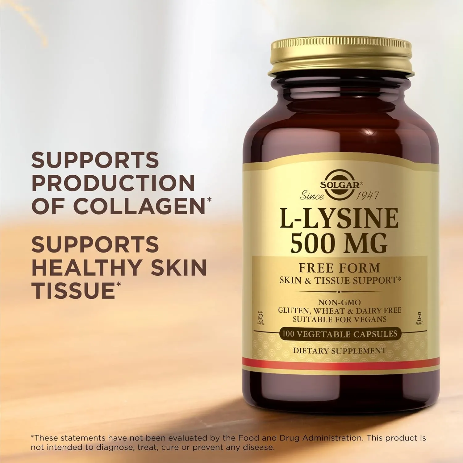 SOLGAR L-Lysine 500 mg - 100 Vegetable Capsules - Skin & Tissue Support - Non-GMO, Vegan, Kosher, Gluten Free - 100 Servings