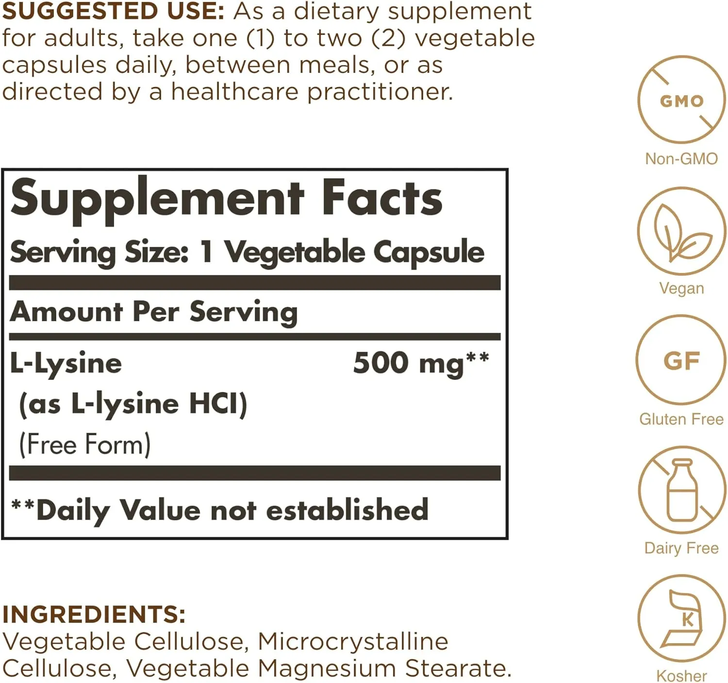 SOLGAR L-Lysine 500 mg - 100 Vegetable Capsules - Skin & Tissue Support - Non-GMO, Vegan, Kosher, Gluten Free - 100 Servings