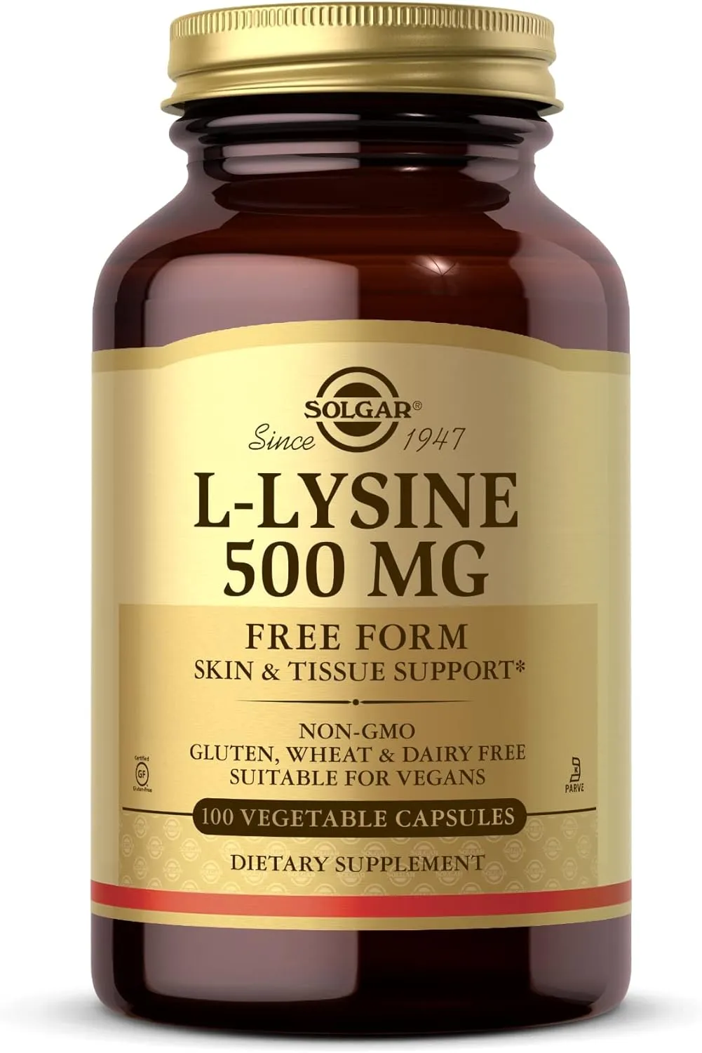 SOLGAR L-Lysine 500 mg - 100 Vegetable Capsules - Skin & Tissue Support - Non-GMO, Vegan, Kosher, Gluten Free - 100 Servings