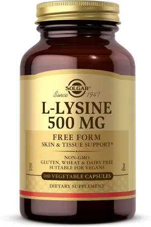 SOLGAR L-Lysine 500 mg - 100 Vegetable Capsules - Skin & Tissue Support - Non-GMO, Vegan, Kosher, Gluten Free - 100 Servings