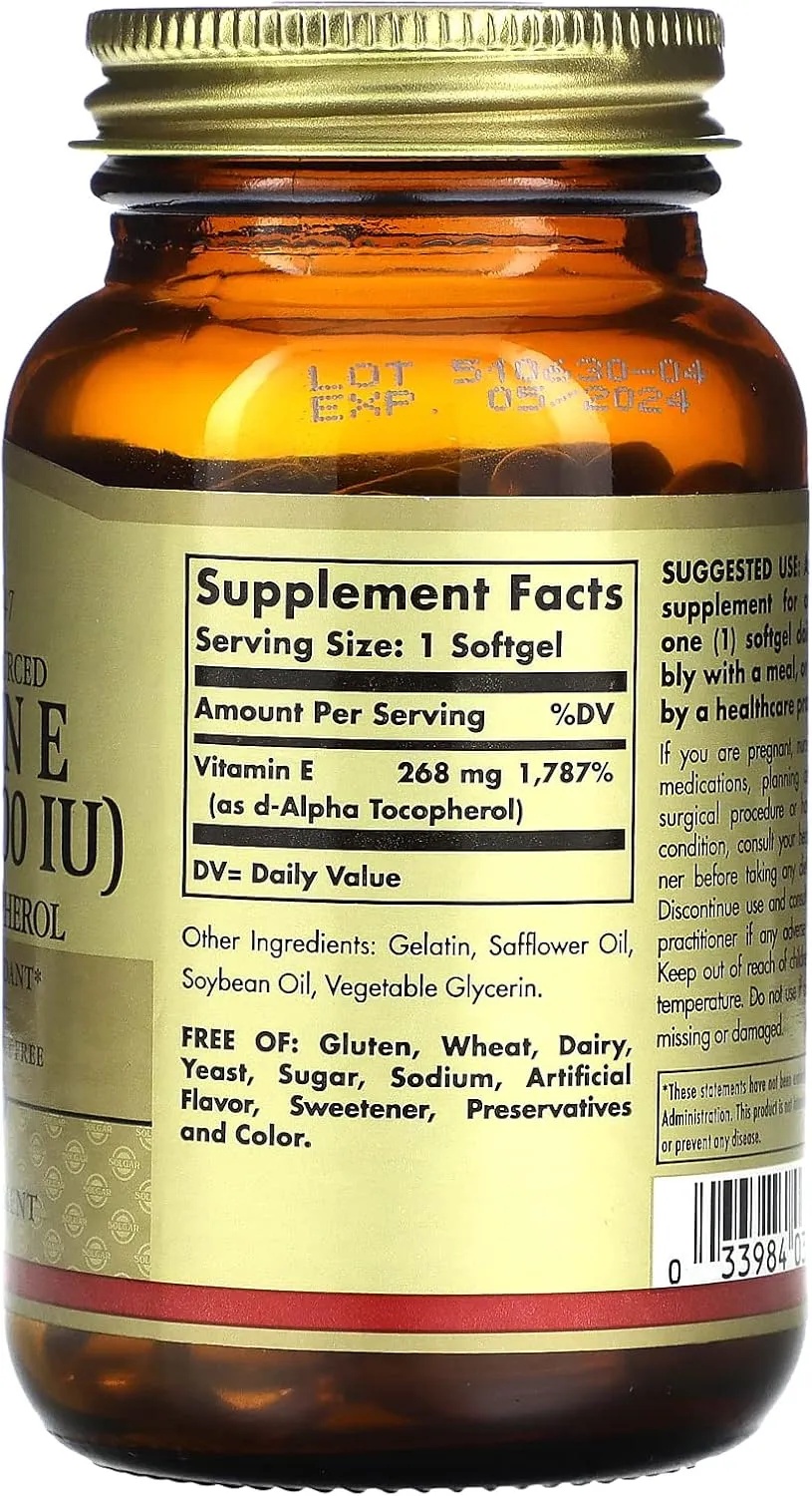 Solgar Vitamin E, Naturally Sourced, 268 mg (400 IU), 100 Softgels