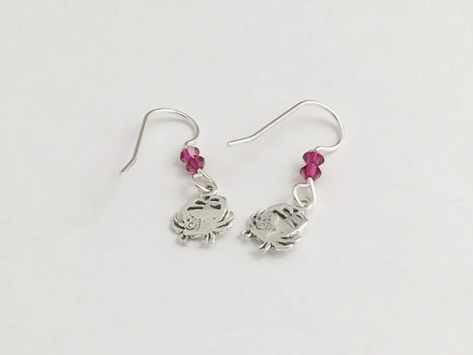 Sterling silver tiny crab dangle earrings-ocean,cancer,crustacean,ruby crystal