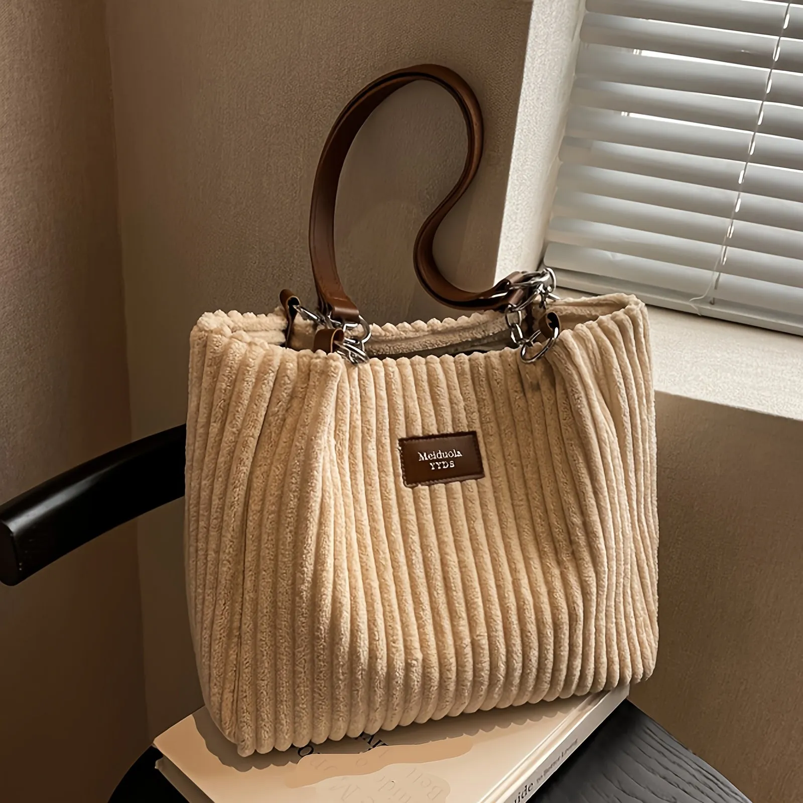 Stylish Corduroy Shoulder Bag for Women Zip Closure Fixed Strap