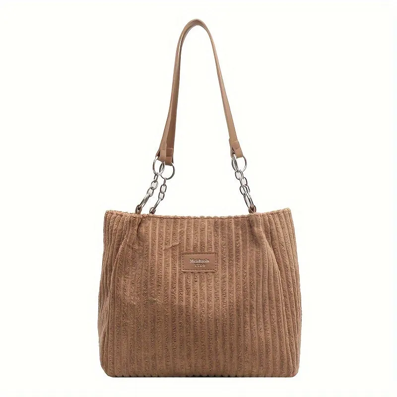 Stylish Corduroy Shoulder Bag for Women Zip Closure Fixed Strap