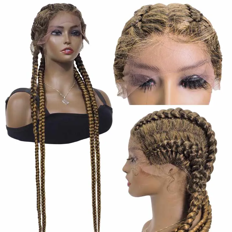Synthetic Lace Front Wigs Black Mixed Medium Brown Box Braided Twisted Wigs