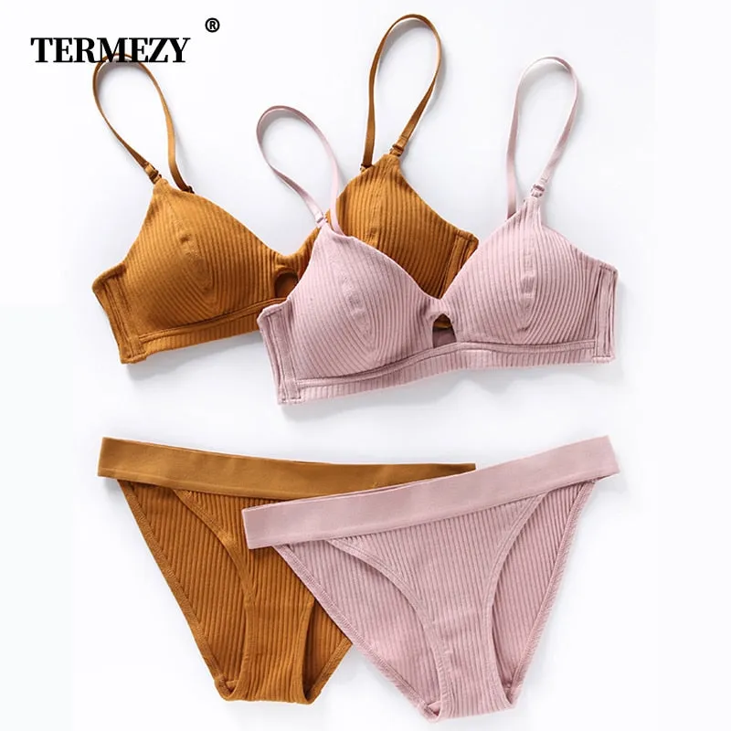 TERMEZY High Quality Cotton Underwear Set Fashion Striped Bra Set Noble Girl Lingerie Set Push Up Bra Sexy Bra And Panty Sets