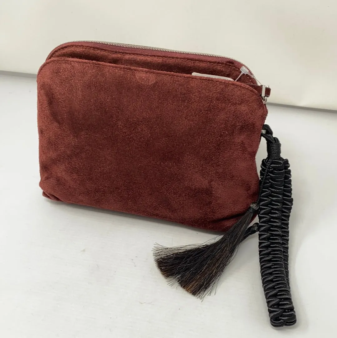 The Row Burgundy Suede Top Zip Pouch with Knit Black Handle and Fringe