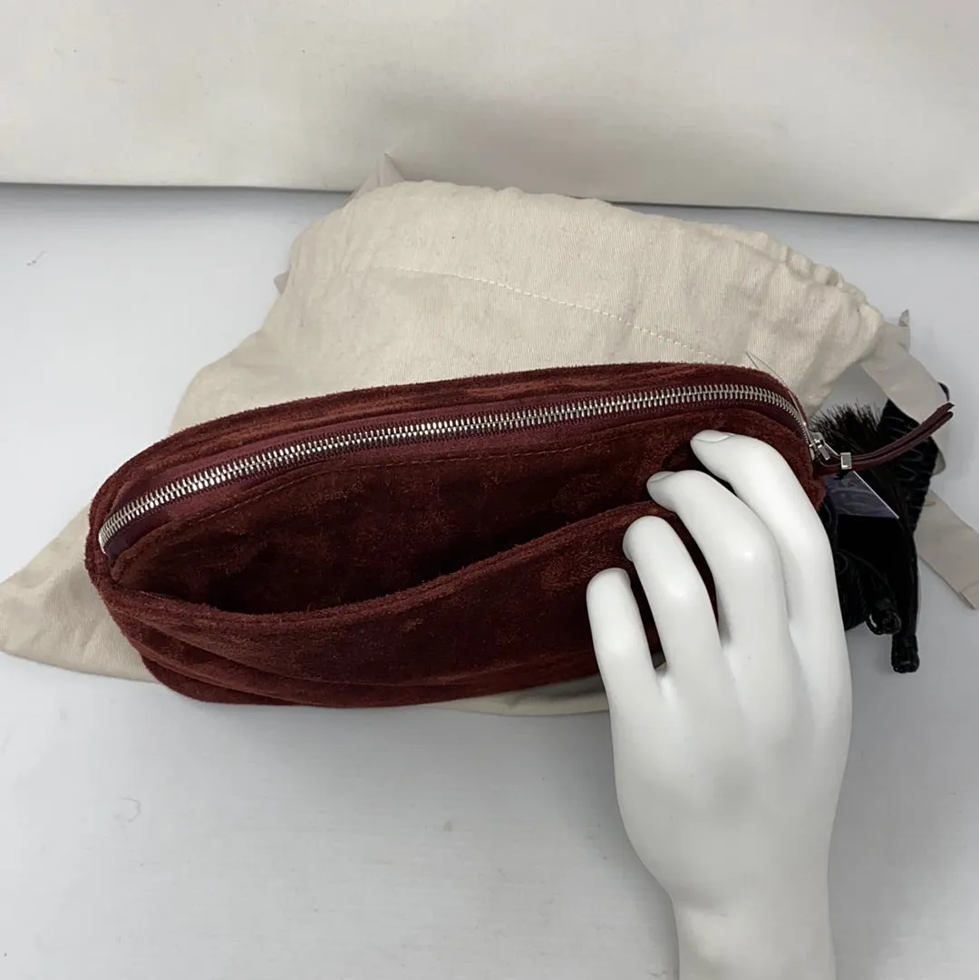 The Row Burgundy Suede Top Zip Pouch with Knit Black Handle and Fringe