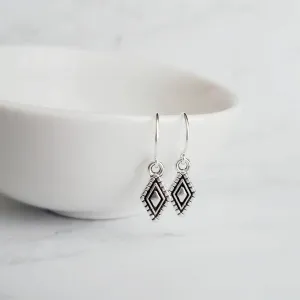 Tiny Silver Diamond Shape Earrings on small simple hooks - raised design oxidized/antique finish rhombus charm - math geometric shape
