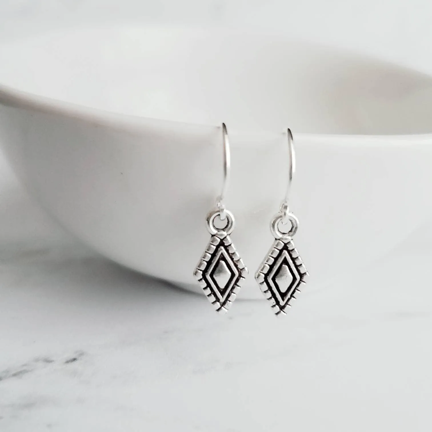Tiny Silver Diamond Shape Earrings on small simple hooks - raised design oxidized/antique finish rhombus charm - math geometric shape