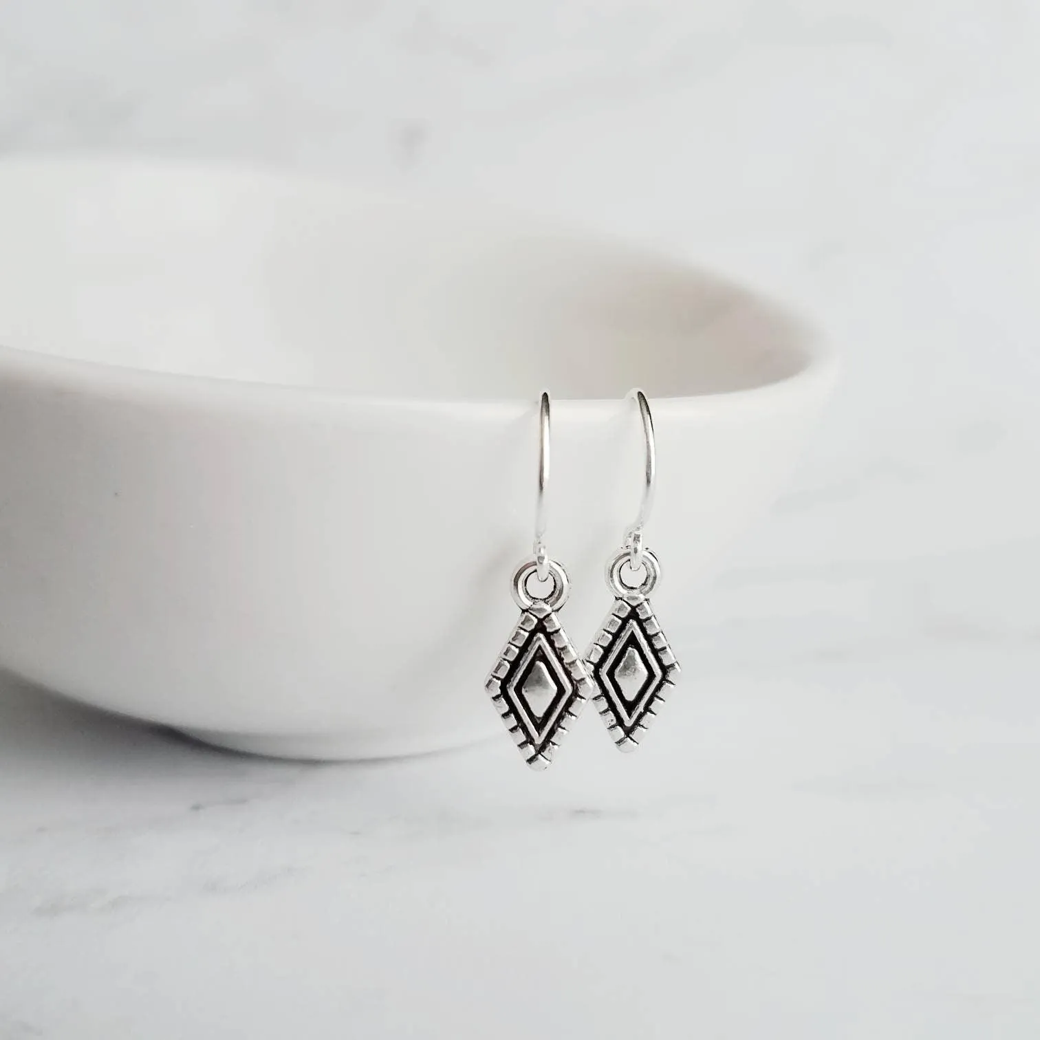 Tiny Silver Diamond Shape Earrings on small simple hooks - raised design oxidized/antique finish rhombus charm - math geometric shape