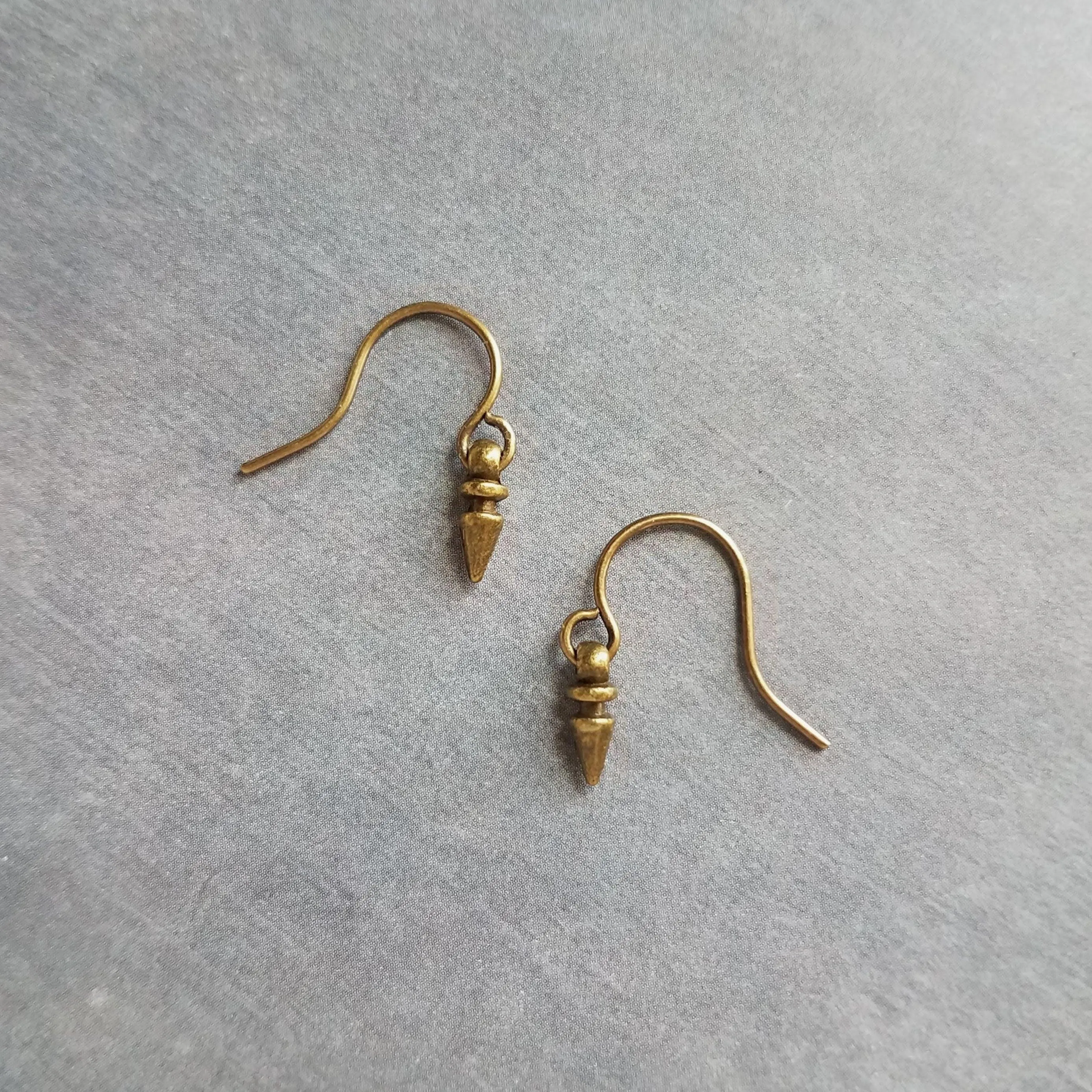 Tiny Spear Earrings, antique brass earring, old gold earring, small dangle earring, small bullet earring, bronze earring, mini spike earring