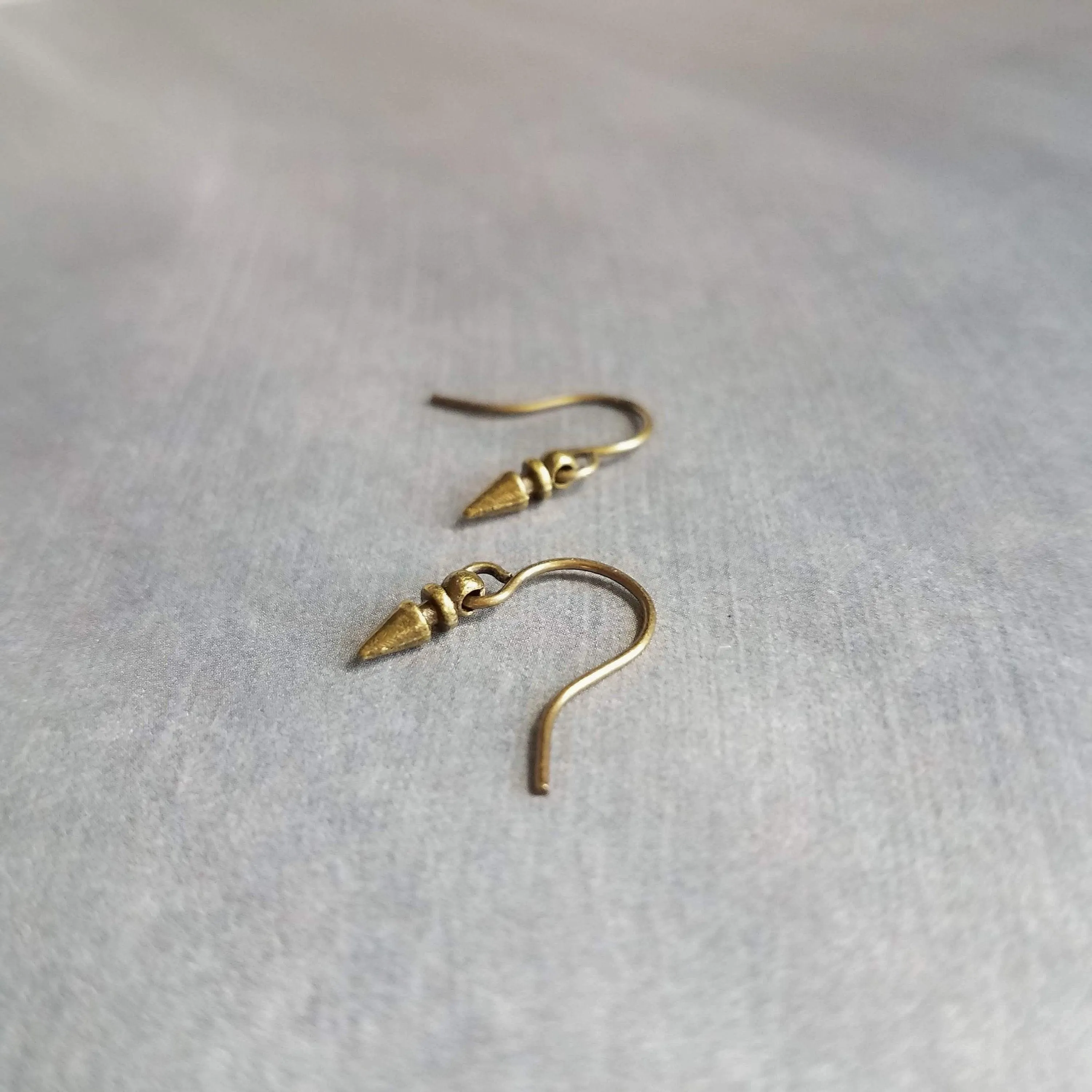 Tiny Spear Earrings, antique brass earring, old gold earring, small dangle earring, small bullet earring, bronze earring, mini spike earring