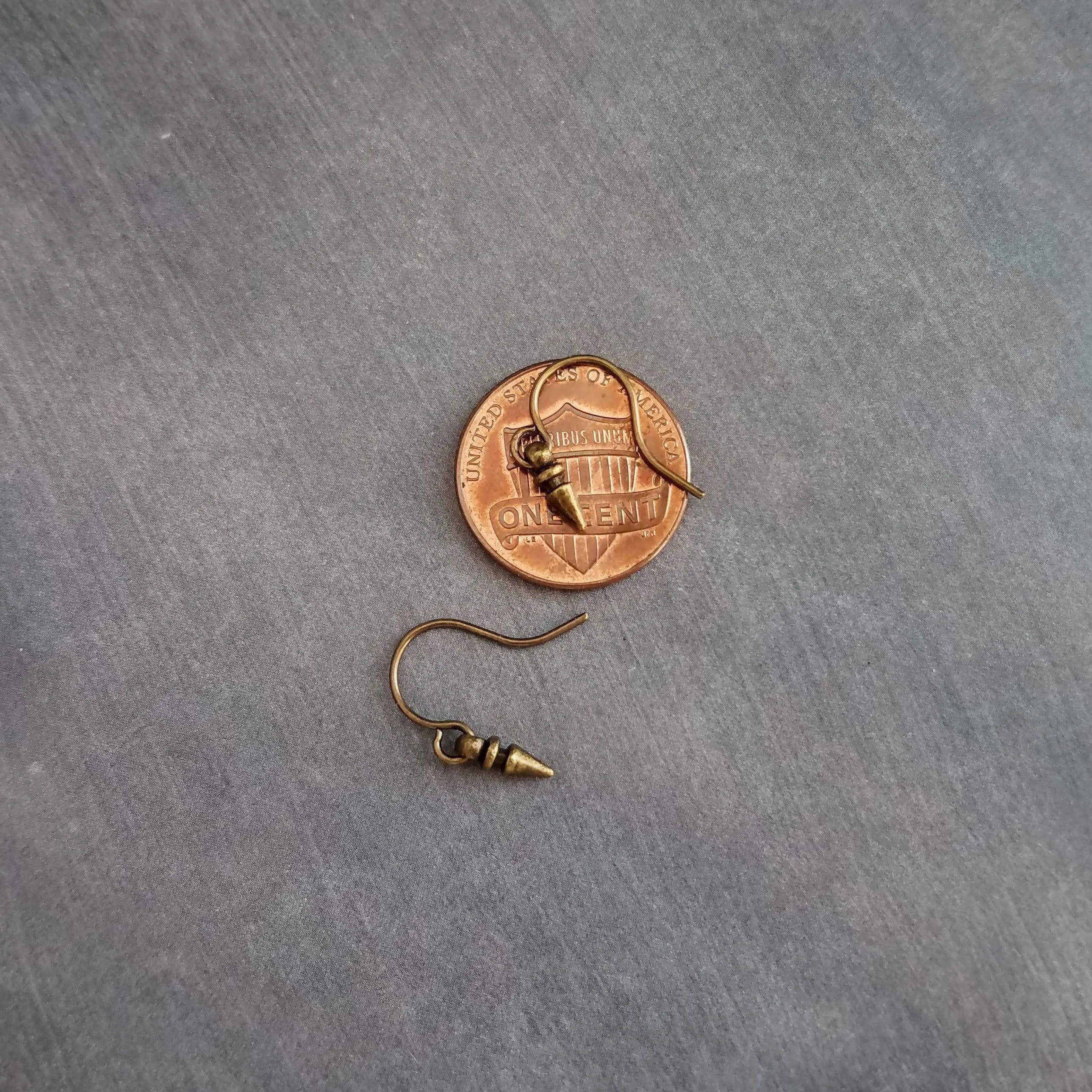 Tiny Spear Earrings, antique brass earring, old gold earring, small dangle earring, small bullet earring, bronze earring, mini spike earring