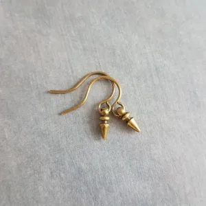 Tiny Spear Earrings, antique brass earring, old gold earring, small dangle earring, small bullet earring, bronze earring, mini spike earring