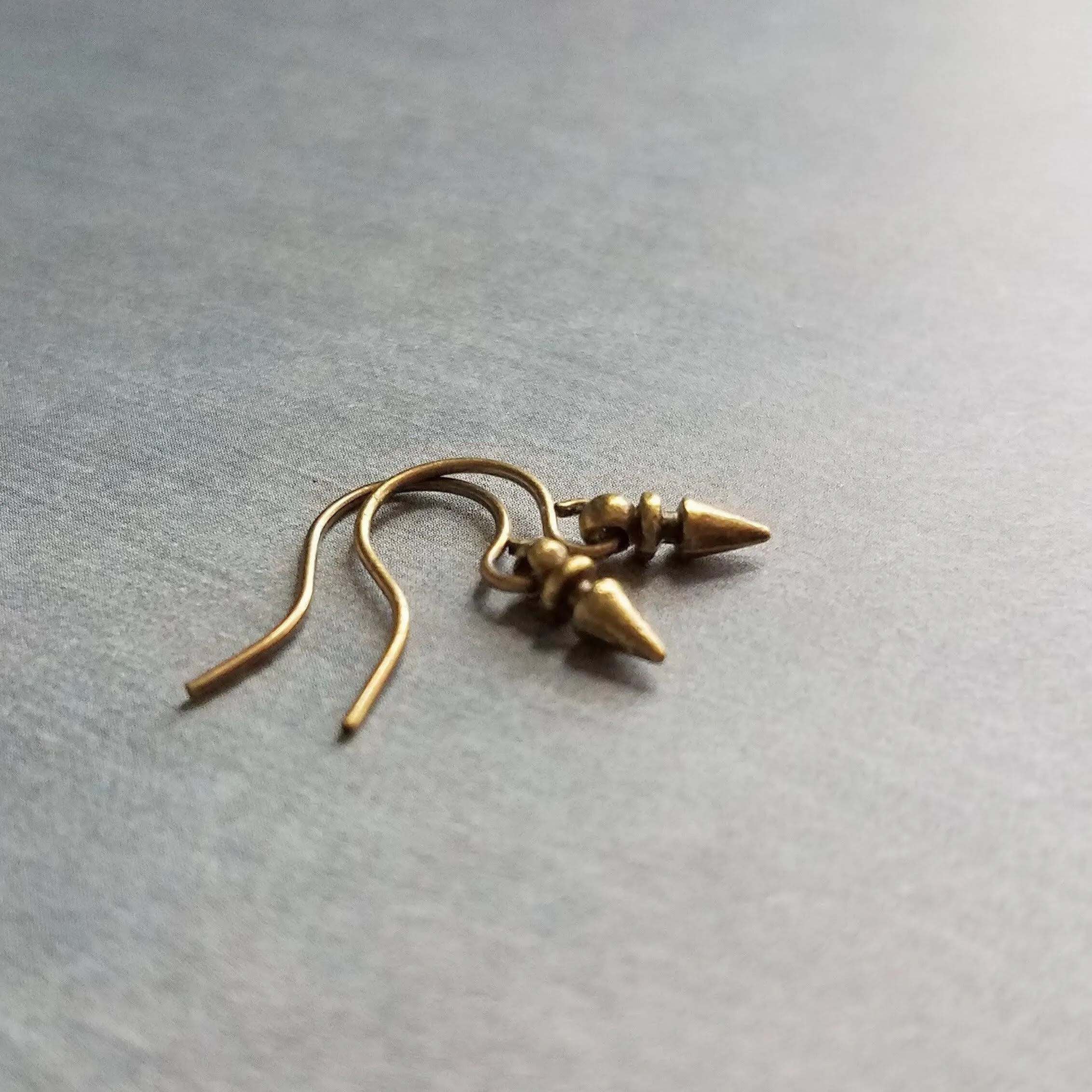 Tiny Spear Earrings, antique brass earring, old gold earring, small dangle earring, small bullet earring, bronze earring, mini spike earring