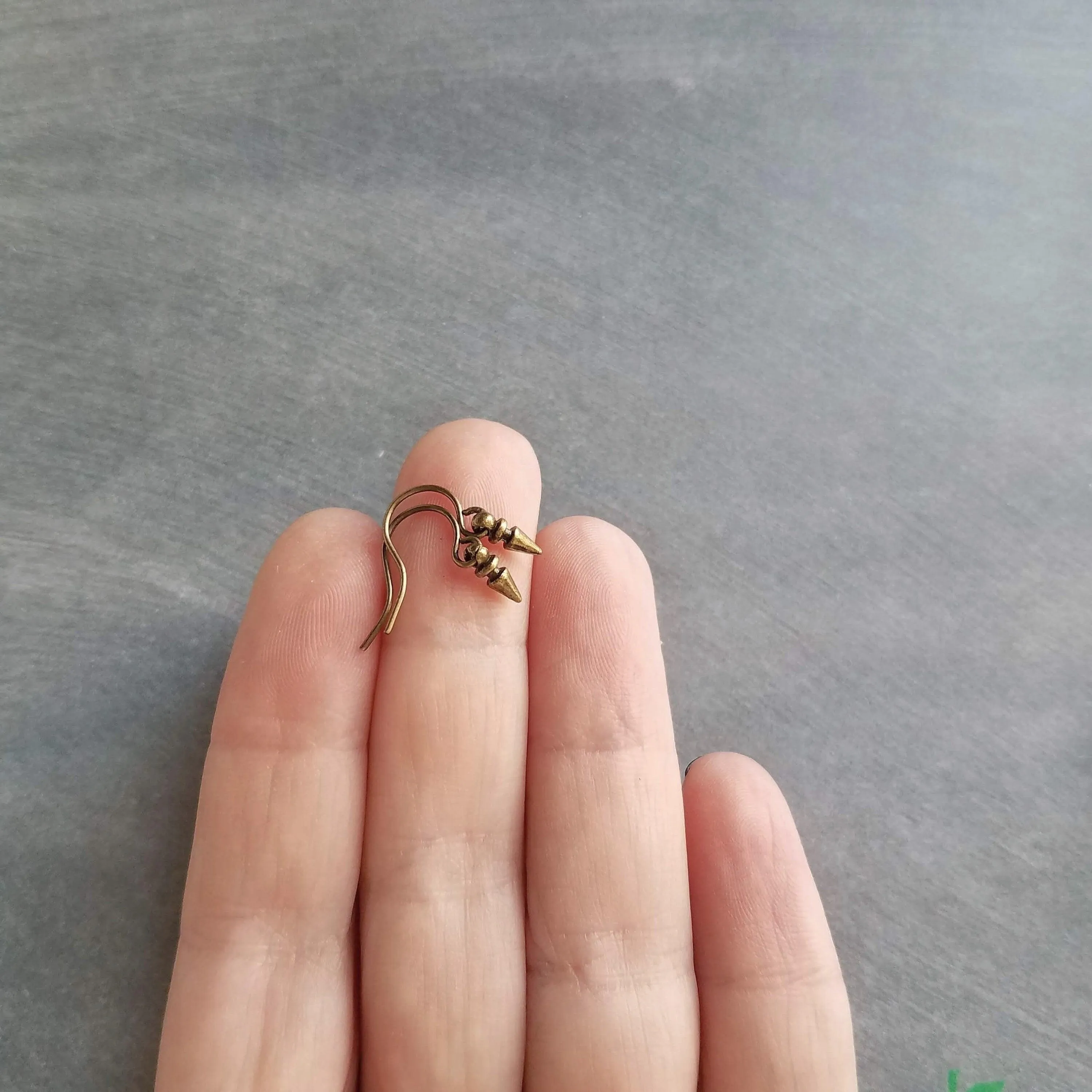 Tiny Spear Earrings, antique brass earring, old gold earring, small dangle earring, small bullet earring, bronze earring, mini spike earring