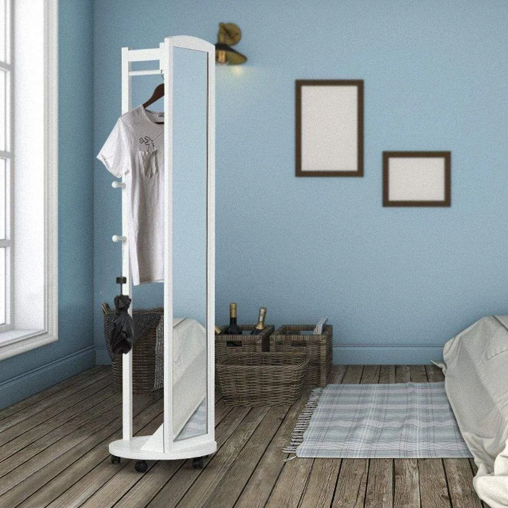Tiny Times Multifunctional 360°Swivel Wooden Frame 69'' Tall Full Length Mirror Dressing Mirror Body Mirror Floor Mirror with Hanging Bar,Coat Stand,Coat Hooks-Ivory White