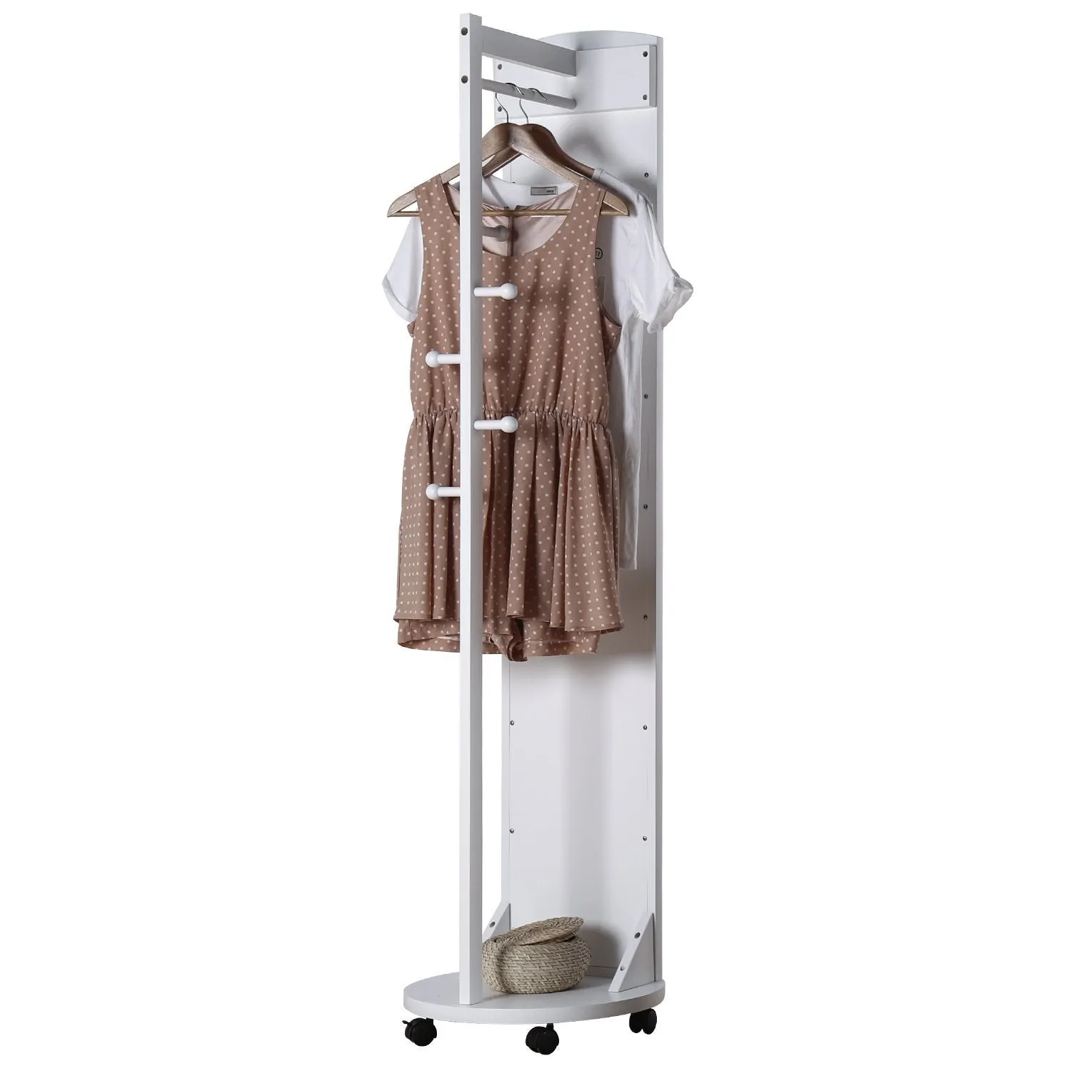 Tiny Times Multifunctional 360°Swivel Wooden Frame 69'' Tall Full Length Mirror Dressing Mirror Body Mirror Floor Mirror with Hanging Bar,Coat Stand,Coat Hooks-Ivory White