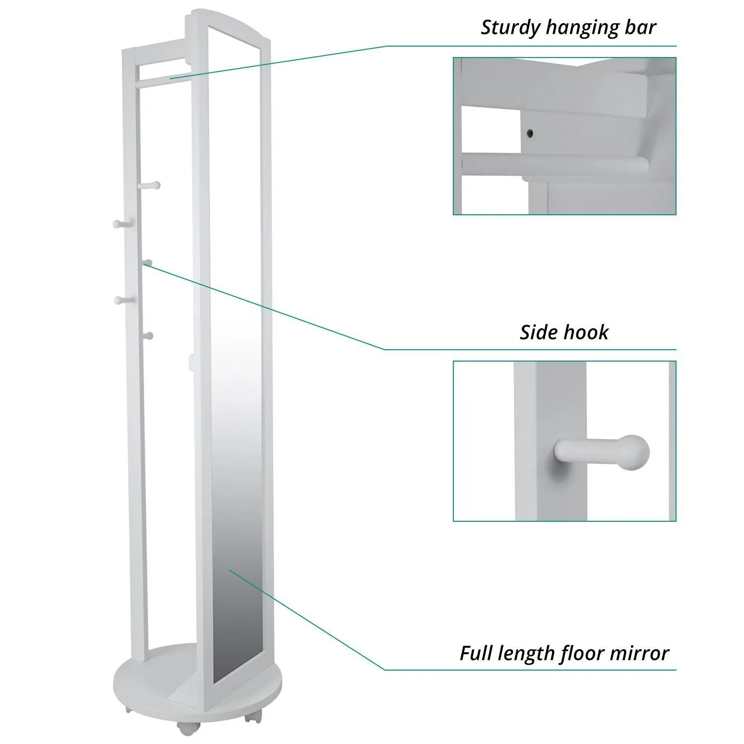 Tiny Times Multifunctional 360°Swivel Wooden Frame 69'' Tall Full Length Mirror Dressing Mirror Body Mirror Floor Mirror with Hanging Bar,Coat Stand,Coat Hooks-Ivory White
