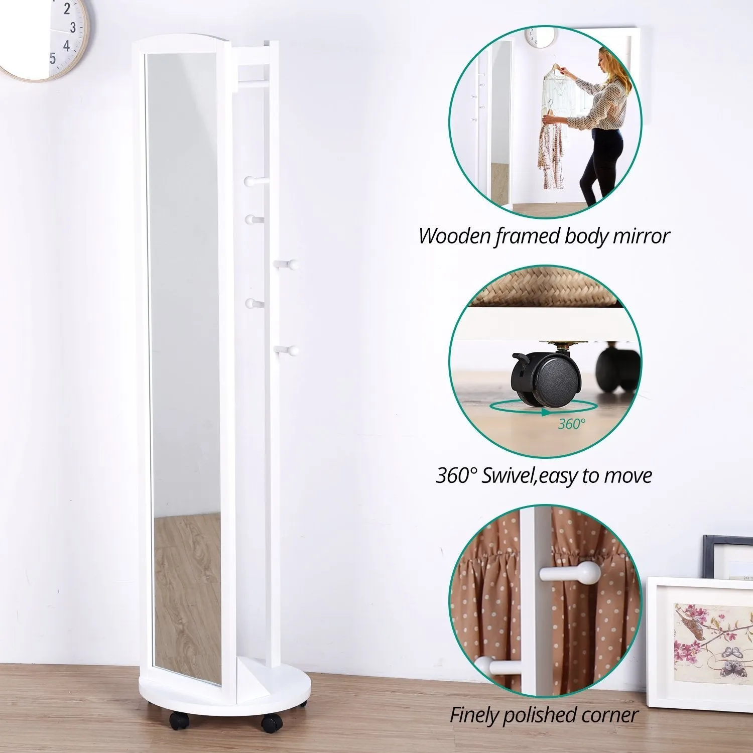 Tiny Times Multifunctional 360°Swivel Wooden Frame 69'' Tall Full Length Mirror Dressing Mirror Body Mirror Floor Mirror with Hanging Bar,Coat Stand,Coat Hooks-Ivory White
