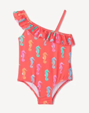 Toddler Girls Painted Sea Horse Ruffle Trim One Piece