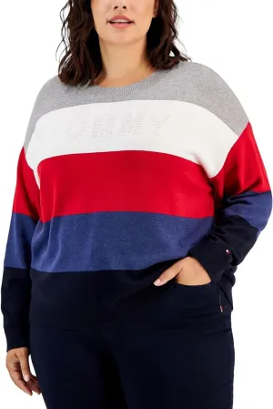 Tommy Hilfiger Womens Plus Colorblock Logo Crewneck Sweater W2XSN744