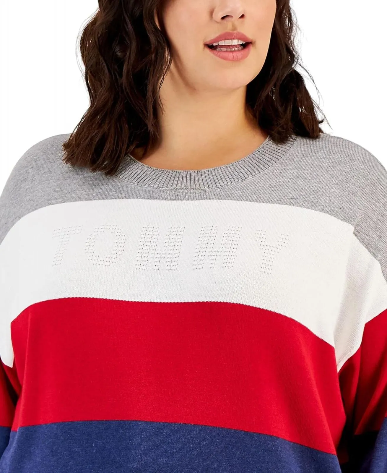 Tommy Hilfiger Womens Plus Colorblock Logo Crewneck Sweater W2XSN744