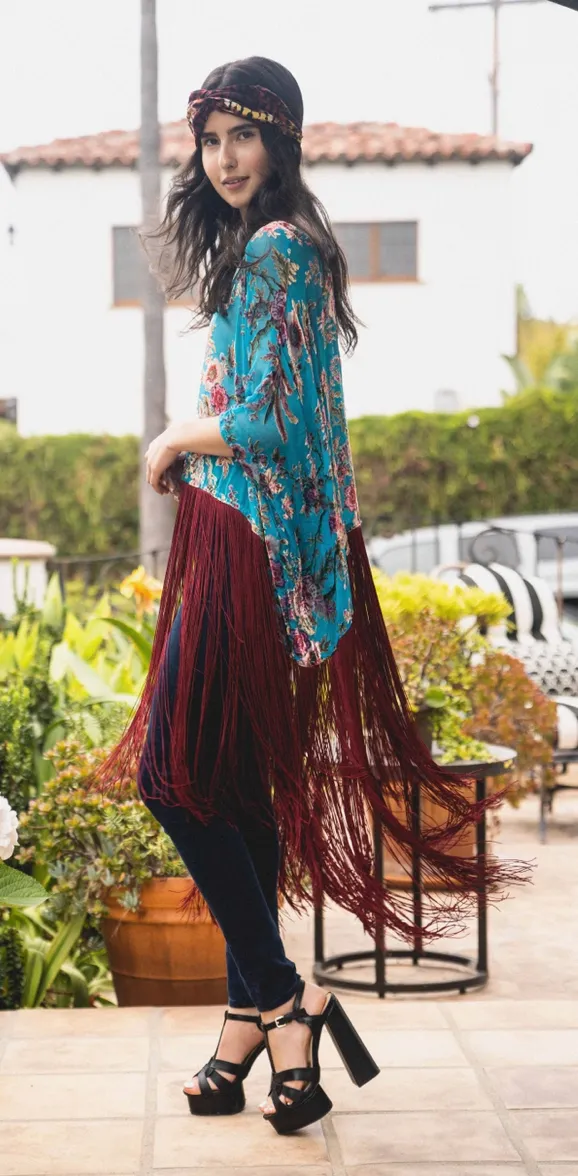 Turquoise Peacock Burnout Top Velvet with 16" Fringe!