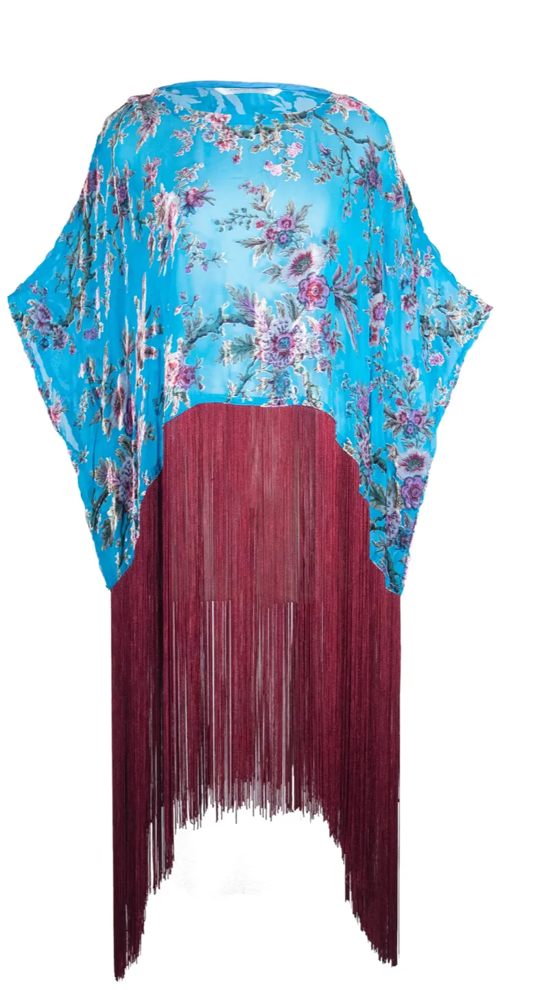 Turquoise Peacock Burnout Top Velvet with 16" Fringe!