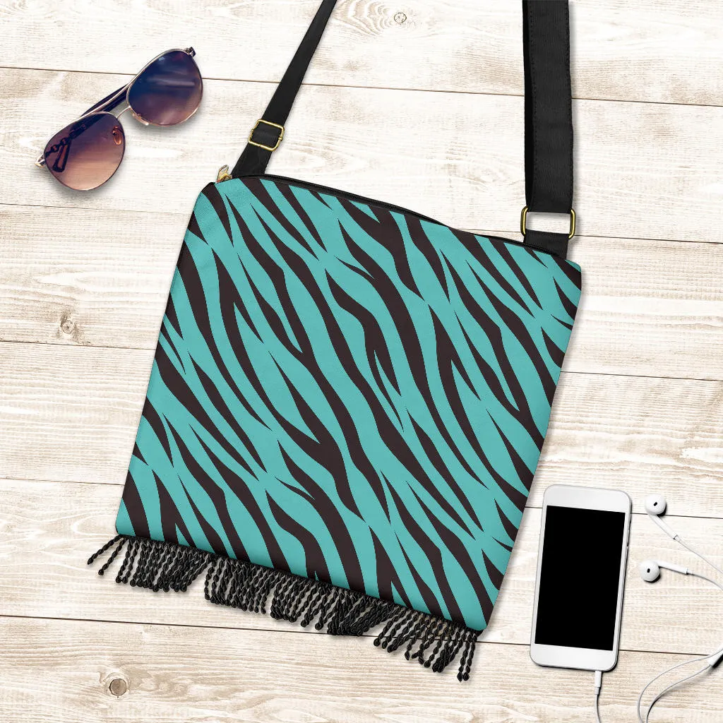 Turquoise Zebra Boho Handbag Crossbody Purse Canvas With Fringe and Shoulder Strap