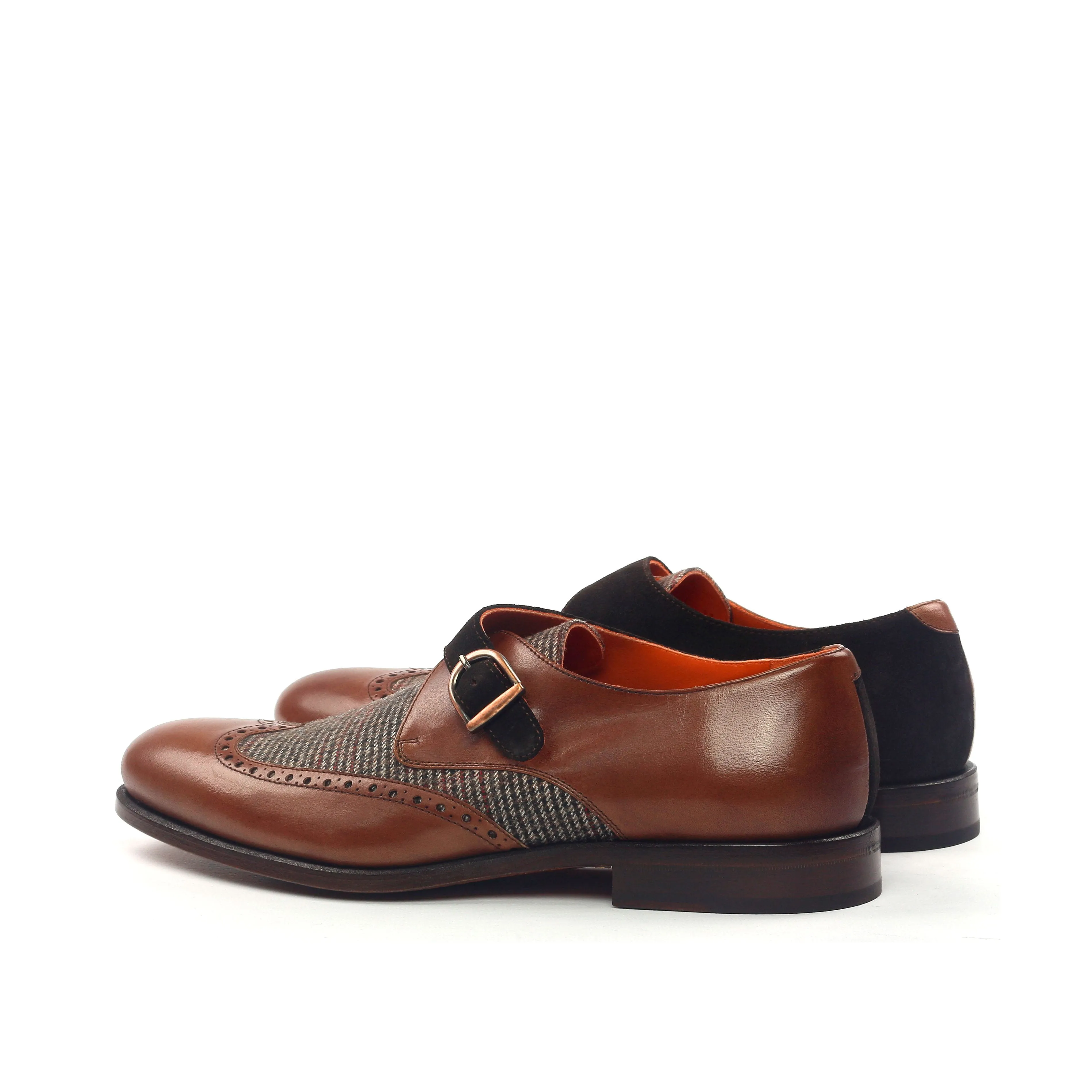 Unique Handcrafted Dark Brown Single Strap Monkstrap w/ with Suede & Tweed Highlights