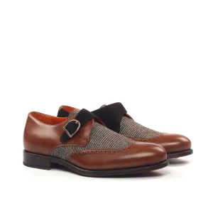 Unique Handcrafted Dark Brown Single Strap Monkstrap w/ with Suede & Tweed Highlights
