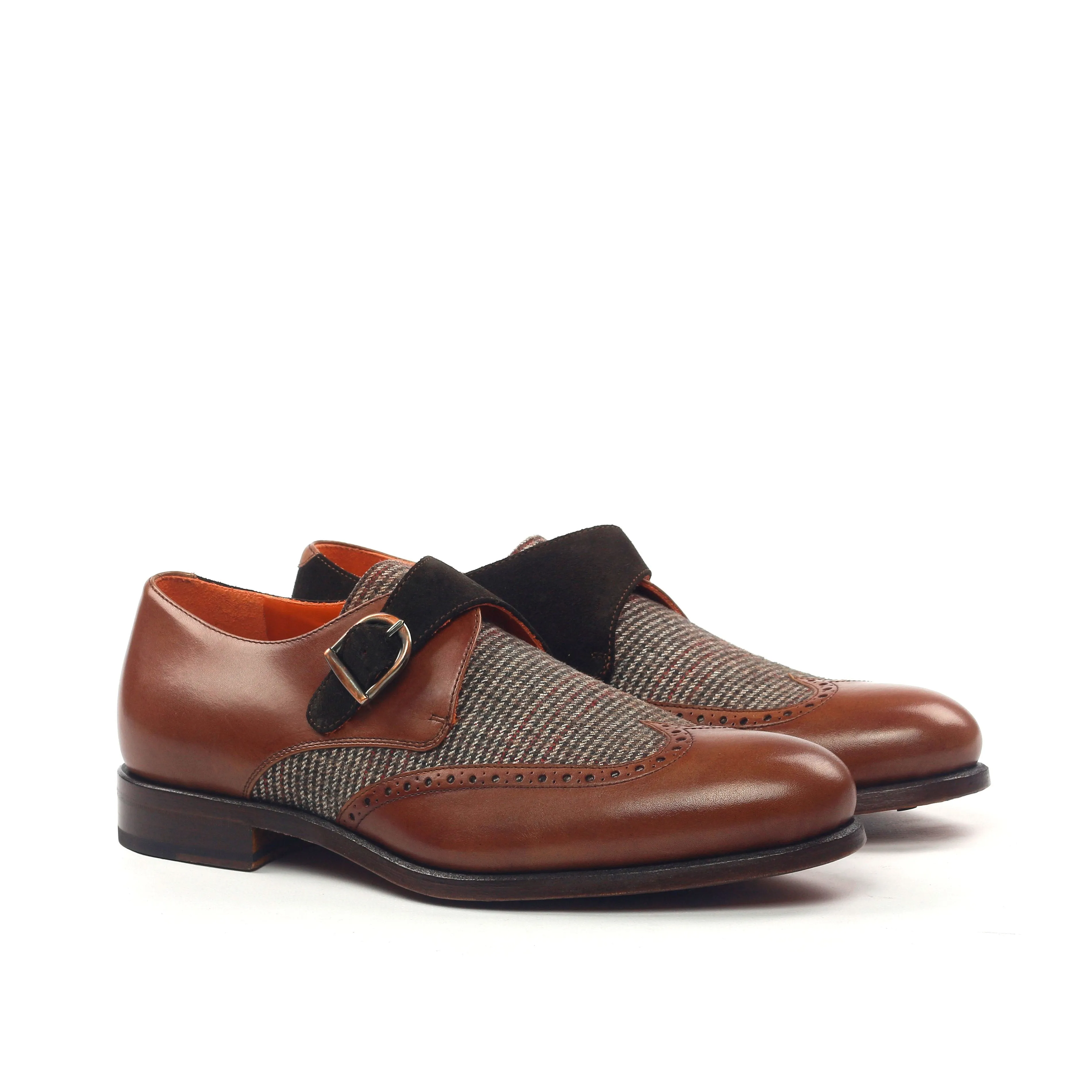 Unique Handcrafted Dark Brown Single Strap Monkstrap w/ with Suede & Tweed Highlights