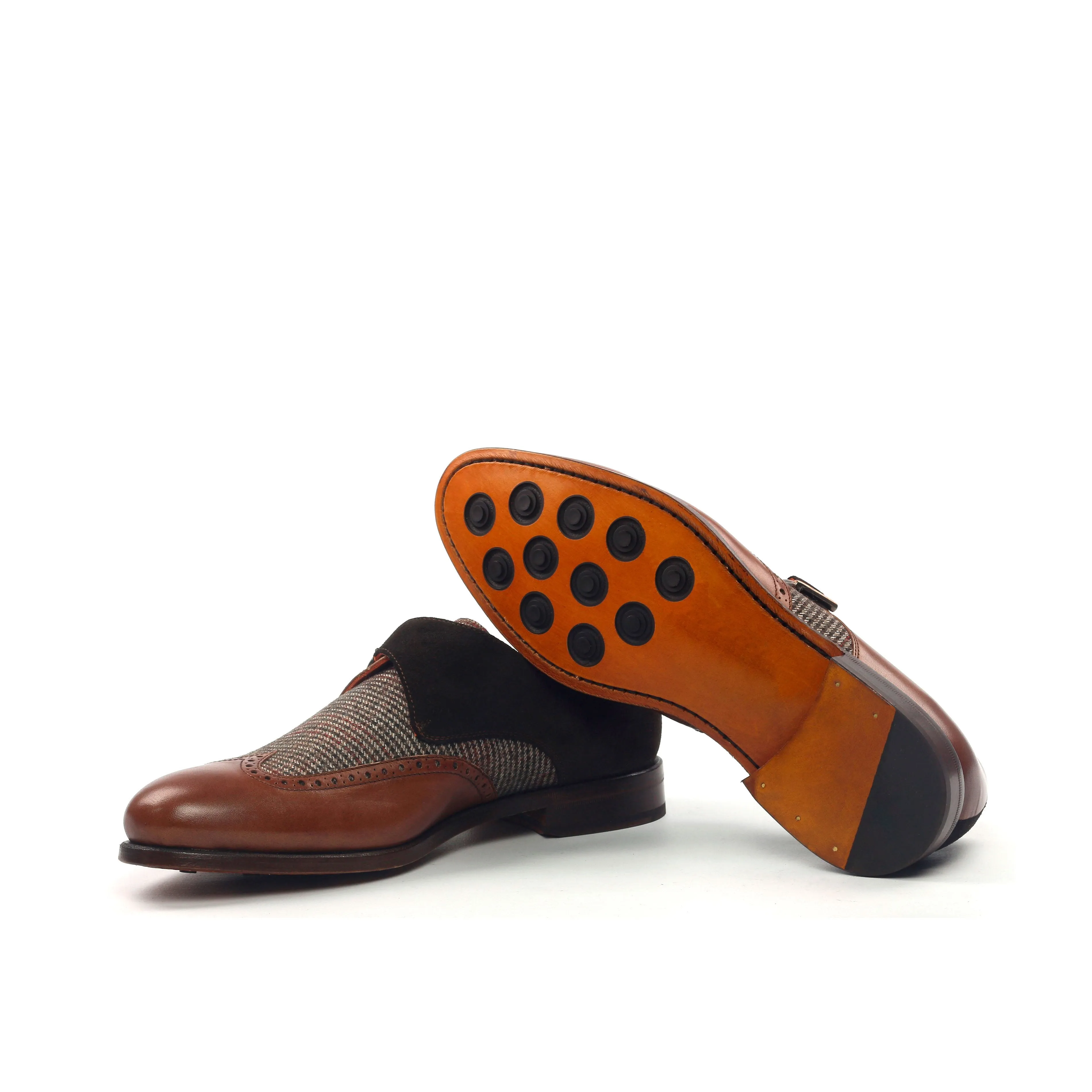 Unique Handcrafted Dark Brown Single Strap Monkstrap w/ with Suede & Tweed Highlights