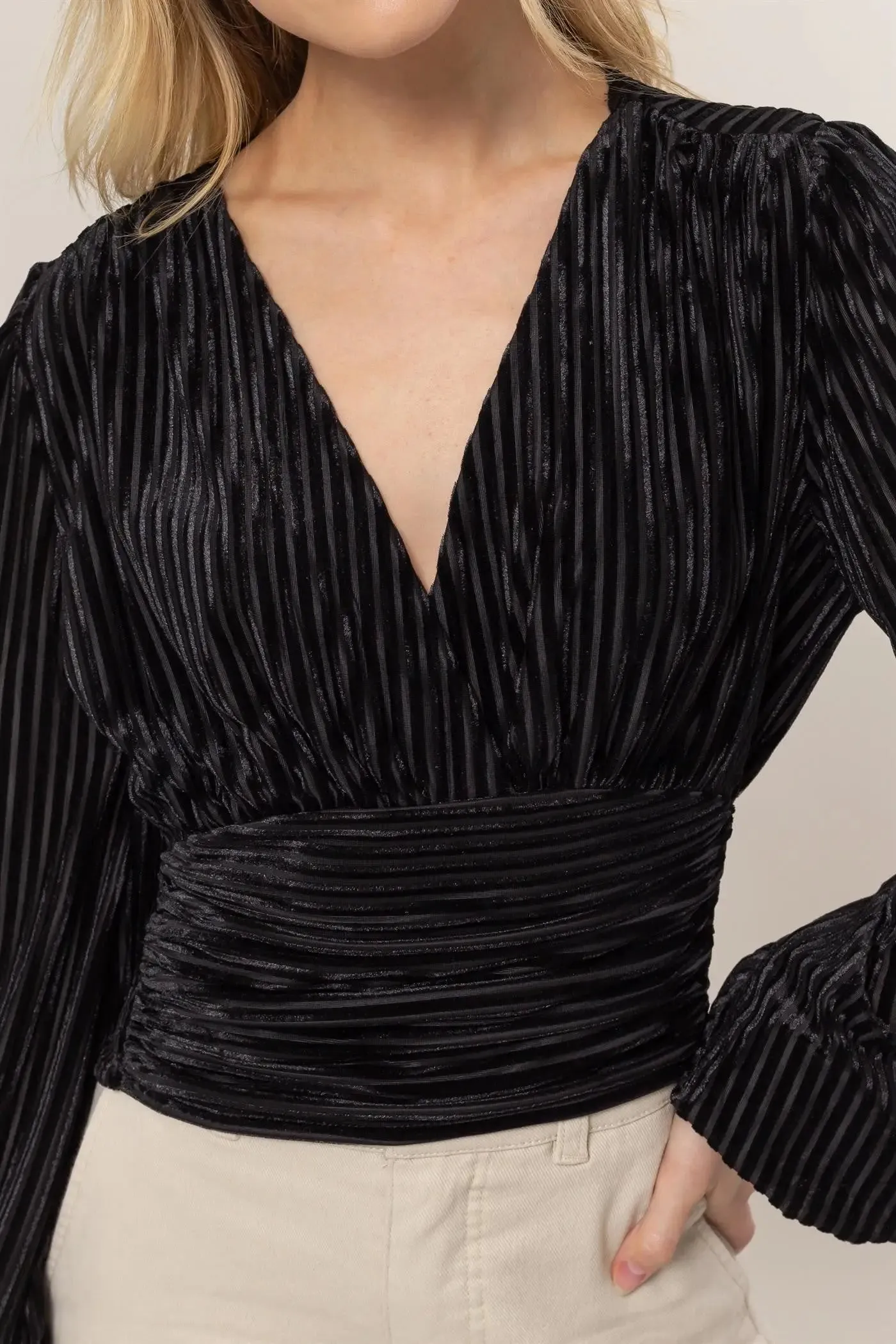 VELVET STRIPED SURPLICE TOP