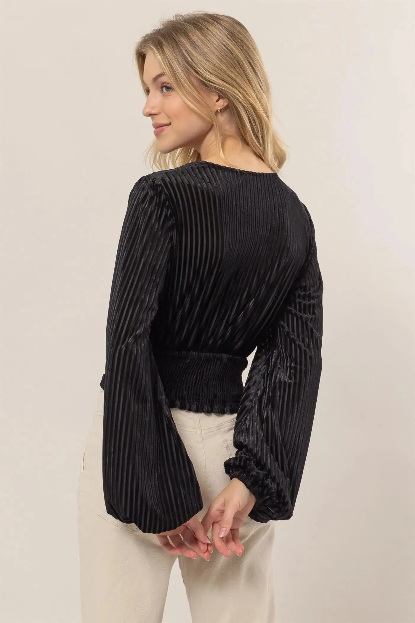 VELVET STRIPED SURPLICE TOP