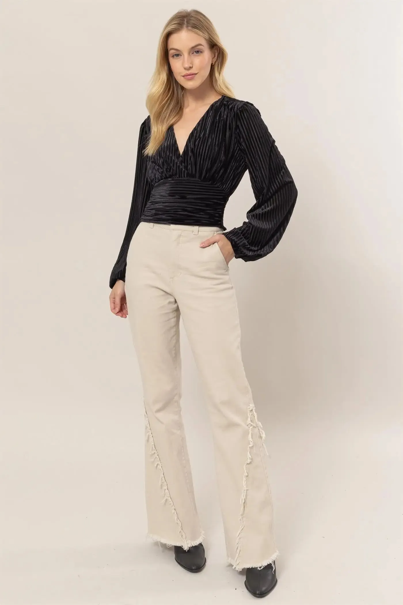 VELVET STRIPED SURPLICE TOP