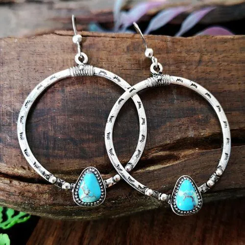 Vintage Boho Silver Turquoise Dangle Hooks Earrings