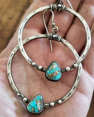Vintage Boho Silver Turquoise Dangle Hooks Earrings