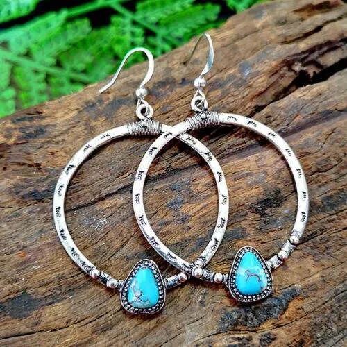 Vintage Boho Silver Turquoise Dangle Hooks Earrings