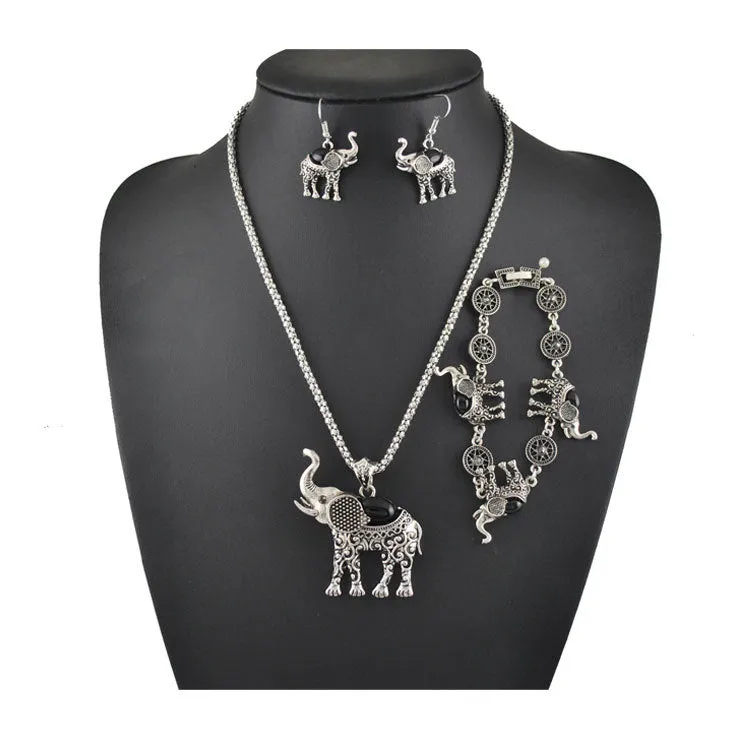 Vintage Ethnic Three-piece Suit Bracelet Earrings Necklace Small Belly Elephant Three-piece Suit
