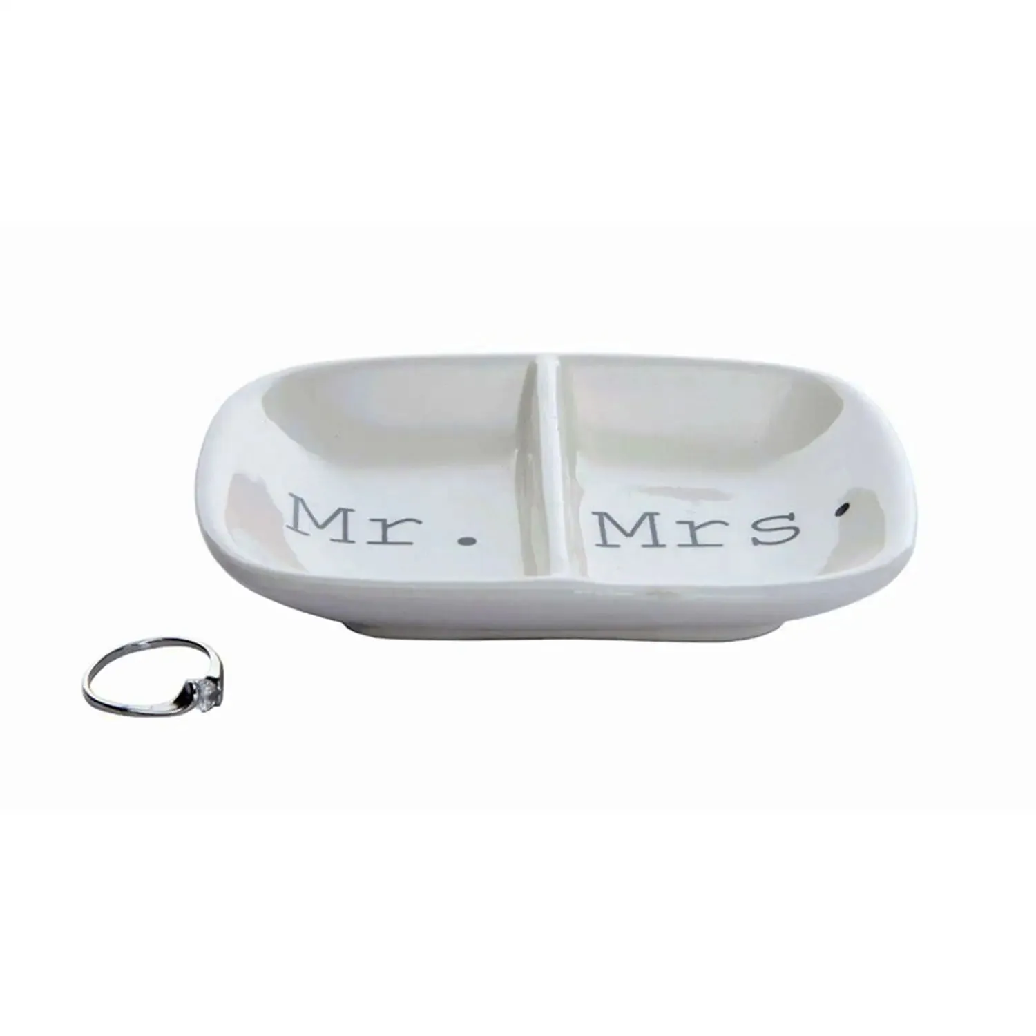 WHITE CERAMIC 2-SECTION MR AND MRS RING DISH