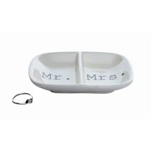 WHITE CERAMIC 2-SECTION MR AND MRS RING DISH