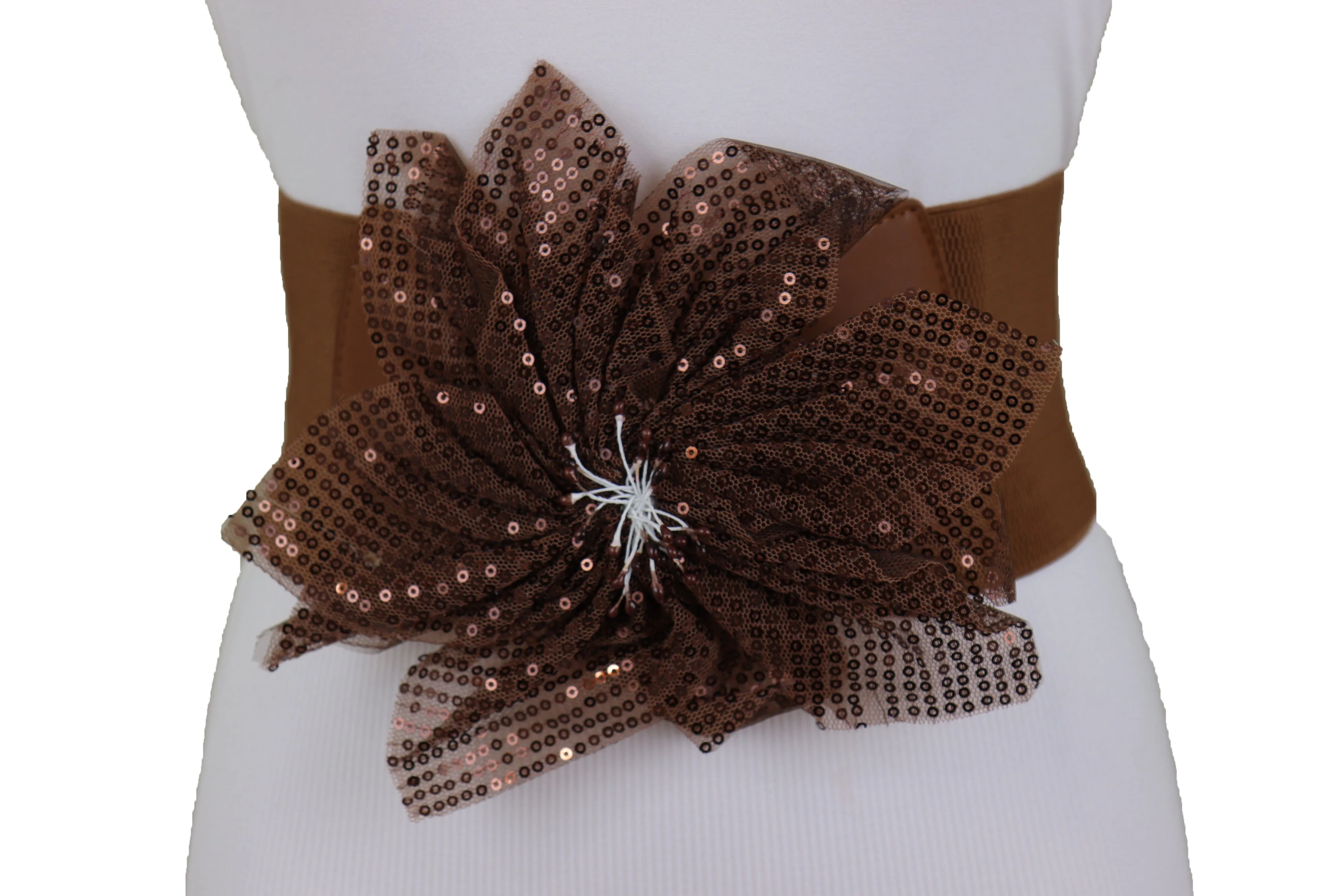 Wide Corset Belt Stretch Brown Wide Flower Lace Fabric Hip High Waist Fit Size S M