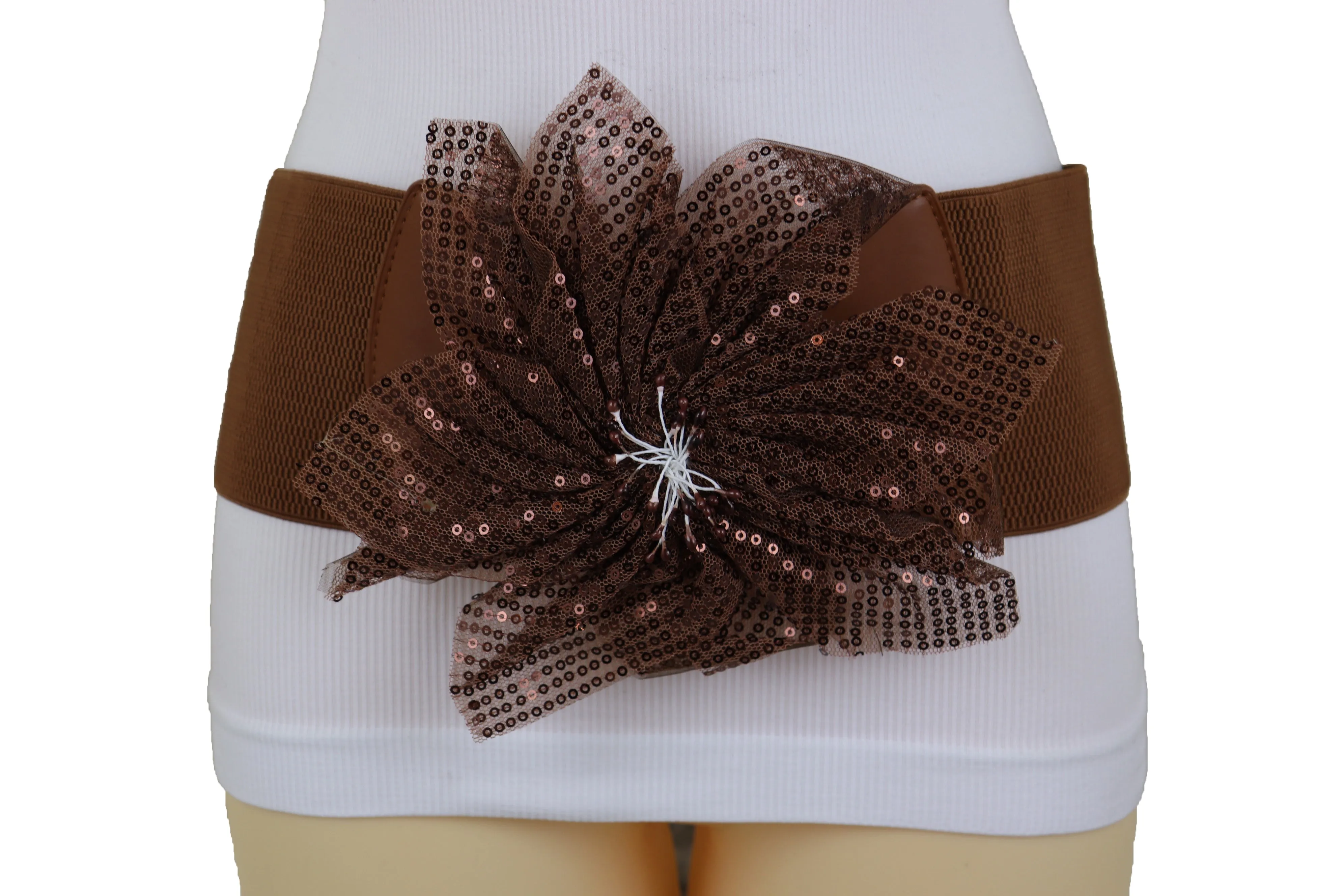 Wide Corset Belt Stretch Brown Wide Flower Lace Fabric Hip High Waist Fit Size S M