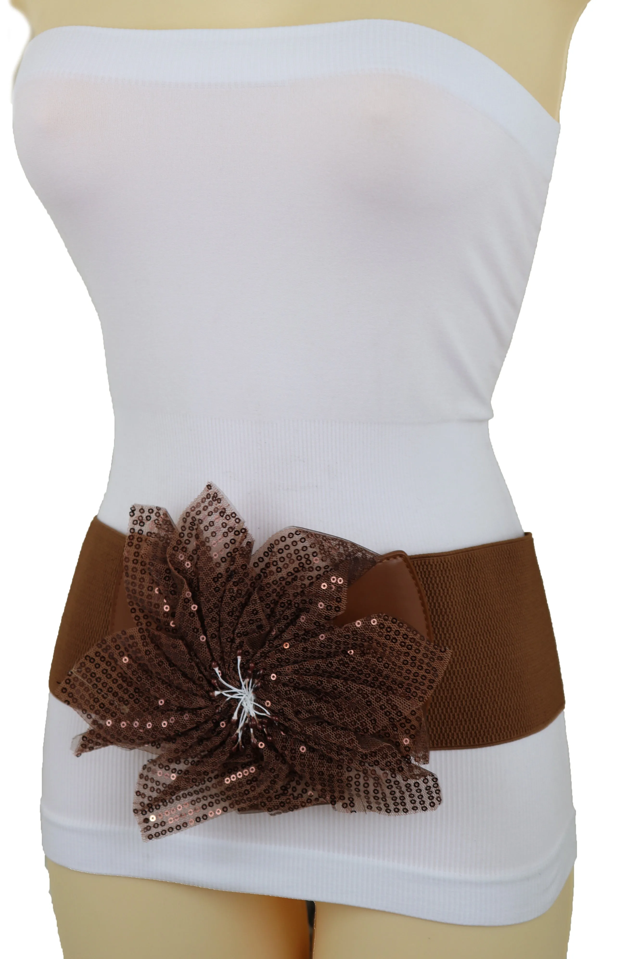 Wide Corset Belt Stretch Brown Wide Flower Lace Fabric Hip High Waist Fit Size S M