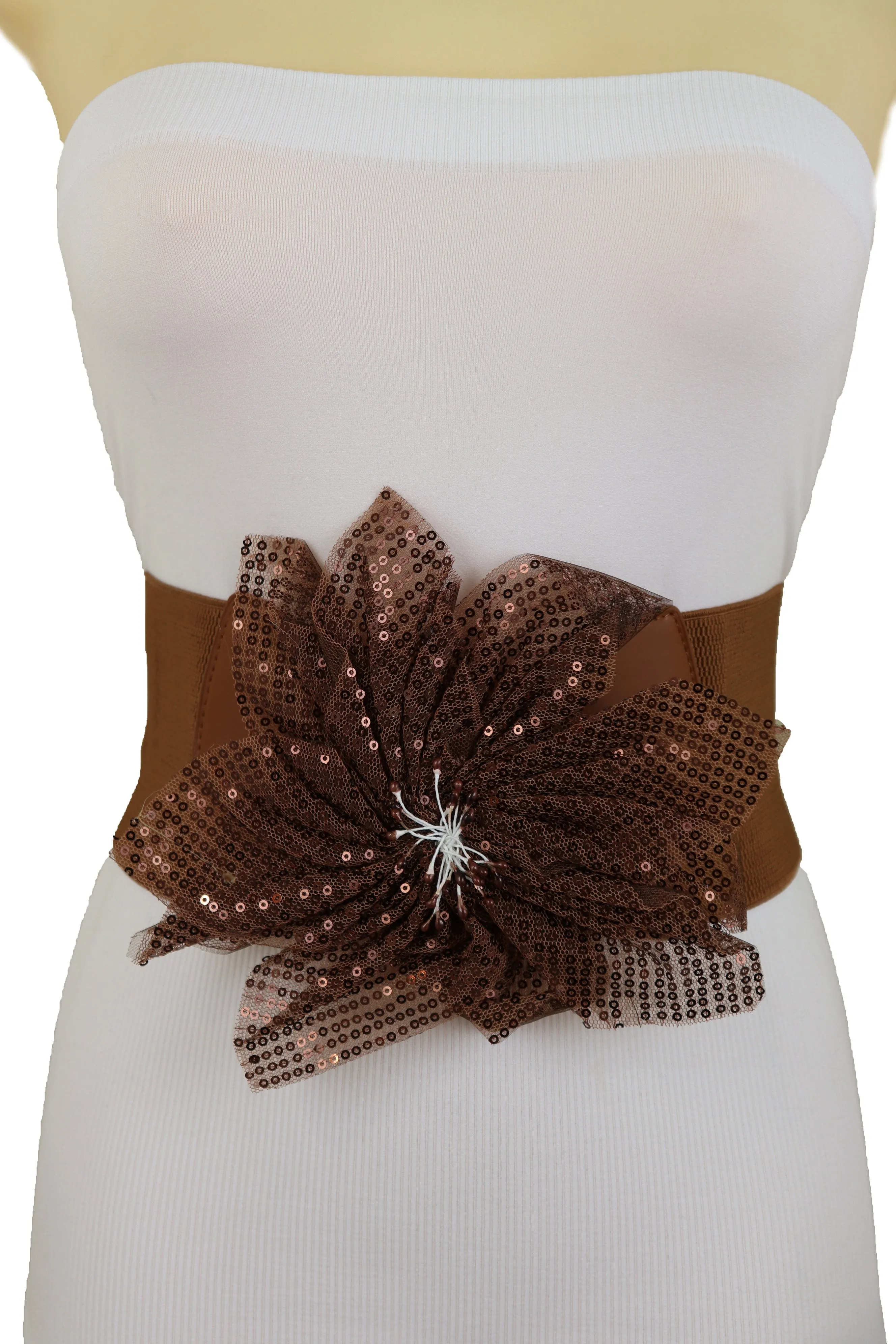 Wide Corset Belt Stretch Brown Wide Flower Lace Fabric Hip High Waist Fit Size S M